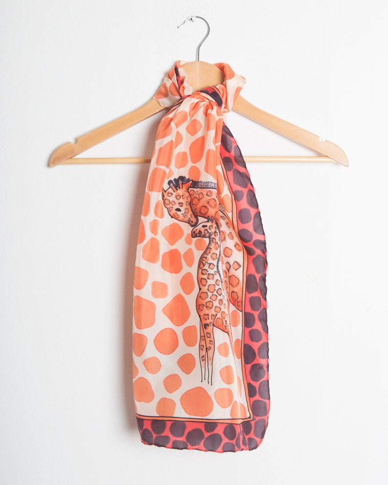 Giraffe Hand Painted Silk Scarf Red Beige Africa Giraffe Print Foulard Animal Print Scarf Travel Scarf Summer Scarf Women Gift for Her 52X14 image 10