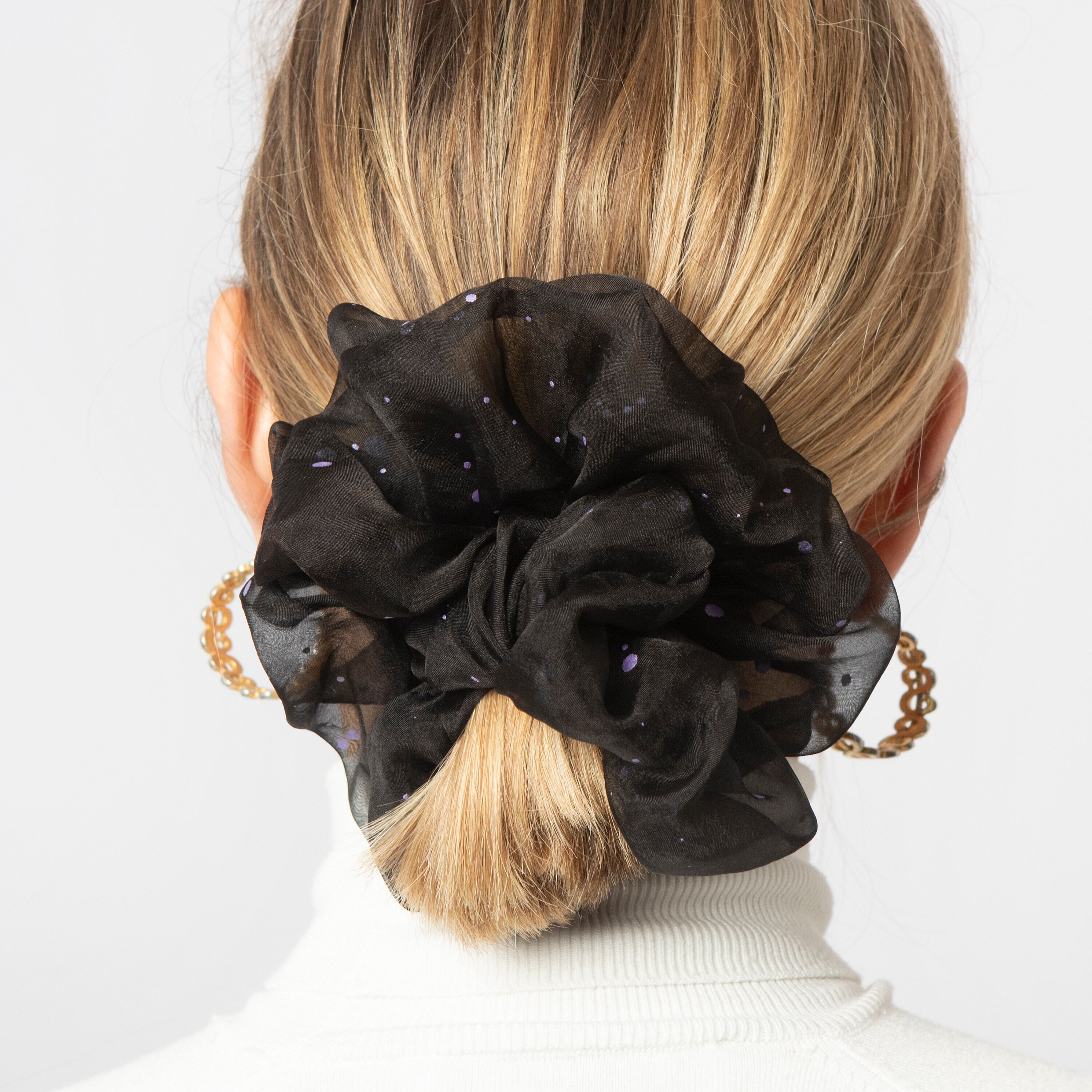 Black Purple Pure Silk Organza Scrunchie Large Scrunchie