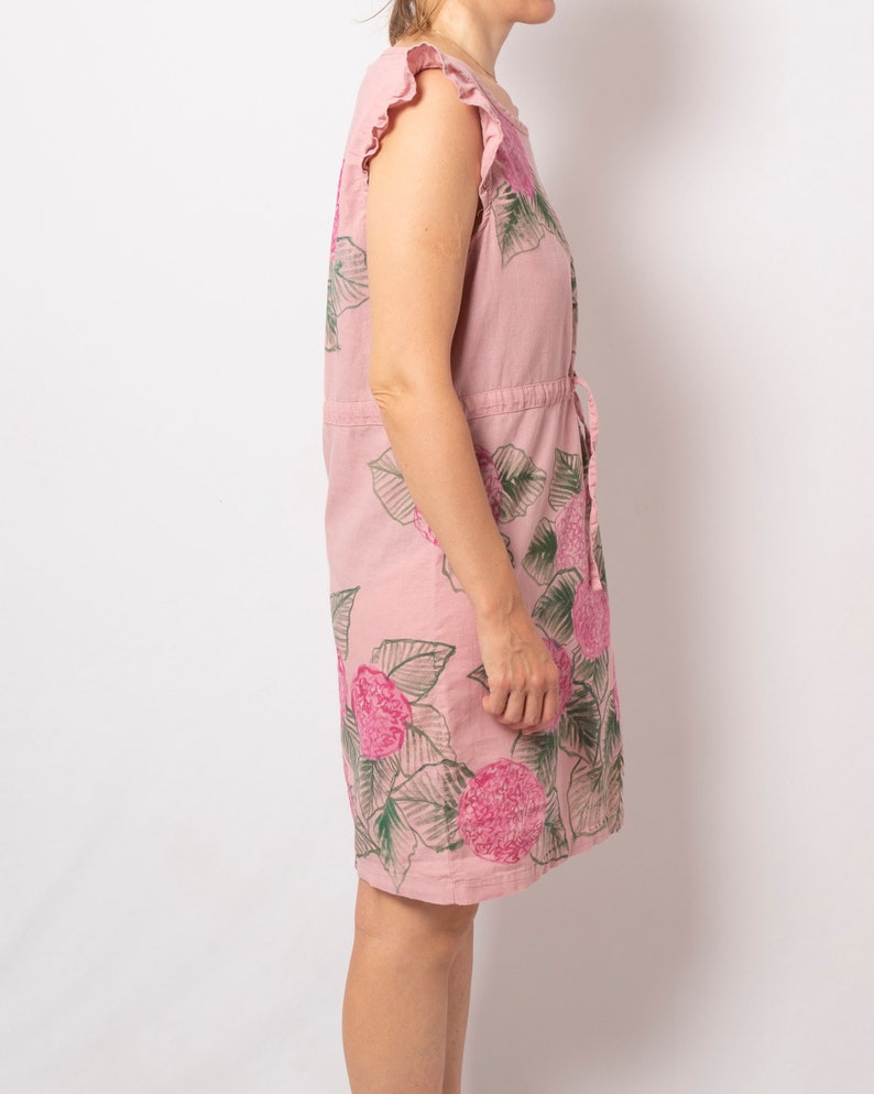 Hydrangea Dress Summer Linen Dress Pink Pull On Linen Dress Hand Painted Short Sleeve Linen Sundress Dress Will fit S M Sizes image 8