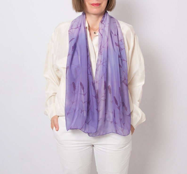 Lavender Hand Painted Scarf Silk Scarf Ombre Lilac Purple Floral Print Scarf Silk Scarf Women Gift for Her Summer Scarf 52X14 image 1