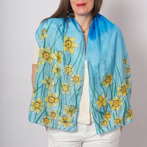 Daffodil Hand Painted Daffodil Print Long Silk Scarf Blue Silk Scarf Floral Silk Scarf Ombre Spring Pure Silk Scarf Birthday Gift 61X16 image 6