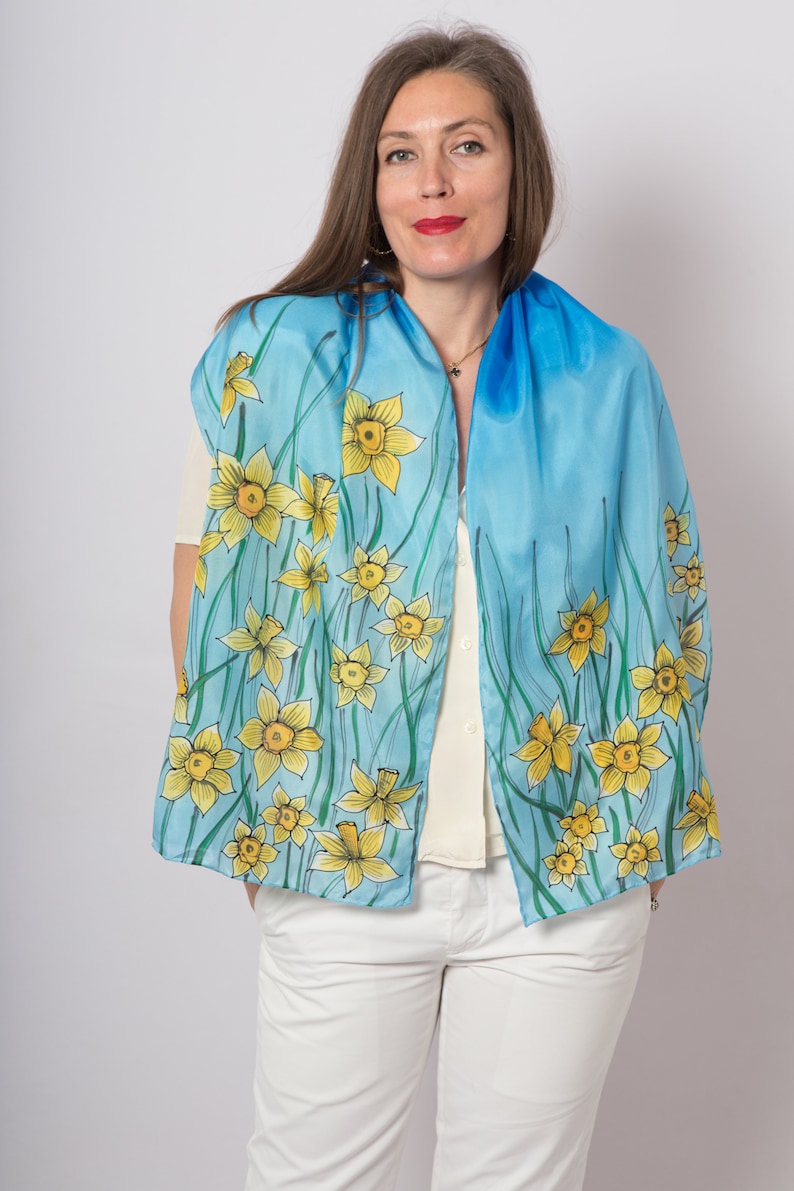 Daffodil Hand Painted Daffodil Print Long Silk Scarf Blue Silk Scarf Floral Silk Scarf Ombre Spring Pure Silk Scarf Birthday Gift 61X16 image 6