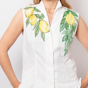 Lemon Print White Blouse Cotton Hand Painted Shirt Upcycled Blouse Fitted Button Down Shirt Sleeveless Summer Blouse Size L Italian Style image 2