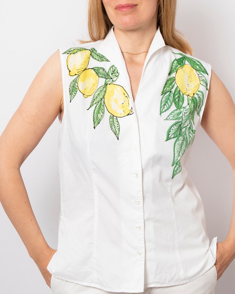 Lemon Print White Blouse Cotton Hand Painted Shirt Upcycled Blouse Fitted Button Down Shirt Sleeveless Summer Blouse Size L Italian Style image 2