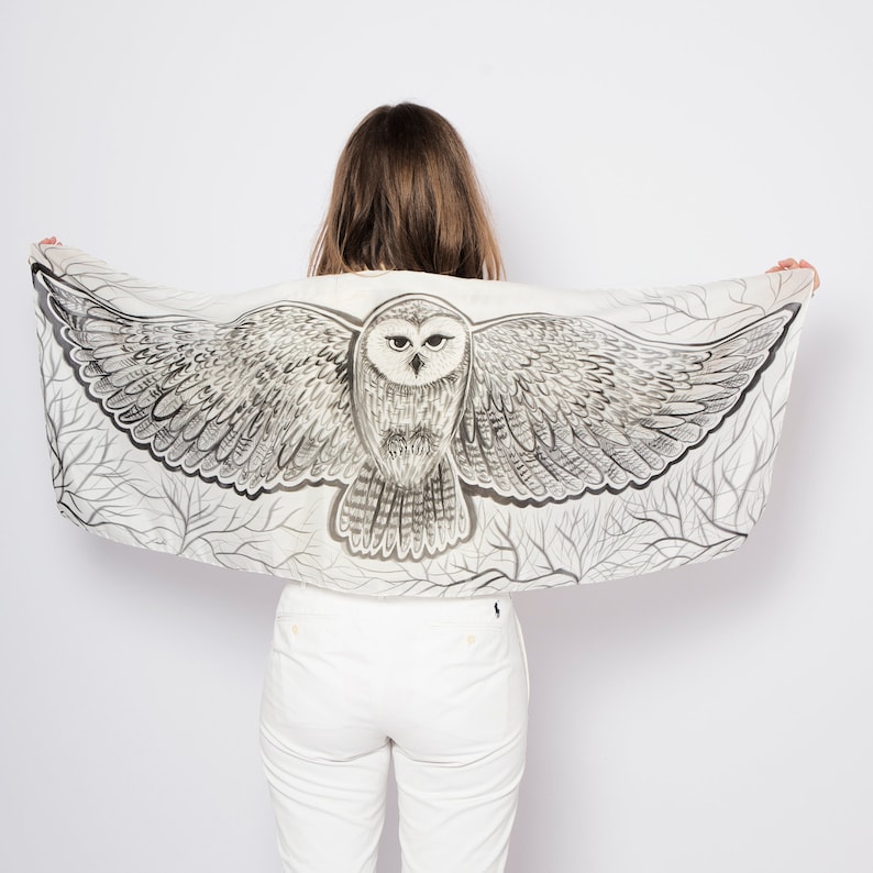 Owl Hand Painted Scarf Silk Cotton Scarf Bird Scarf Wing Scarf Bird Lover Gift Black White Spring Scarf Snowy Owl Gift for Her 59X19 image 1