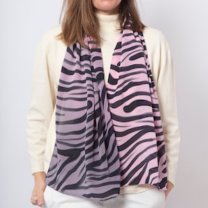 Zebra Print Hand Painted Silk Scarf Black Lilac Pink Geometric Summer Scarf Travel Scarf Elegant Scarf Gift for Her Wife Gift   55X15