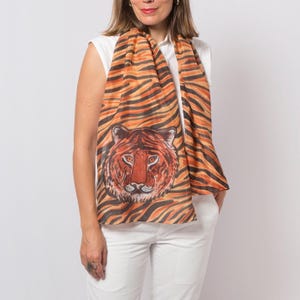 Tiger Print Hand Painted Silk Scarf Tiger Head Tiger Scarf Orange Brown Animal Print Scarf Cat Scarf Birthday Gift Mom Gift Xmas Gift 54X14