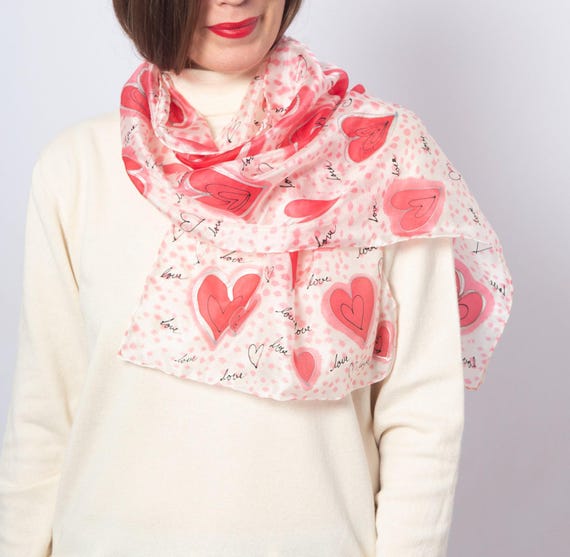 Heart Print Hand Painted Silk Scarf Red Heart Love Girlfriend