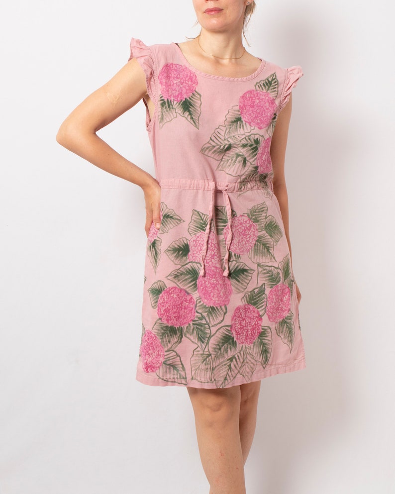 Hydrangea Dress Summer Linen Dress Pink Pull On Linen Dress Hand Painted Short Sleeve Linen Sundress Dress Will fit S M Sizes image 4