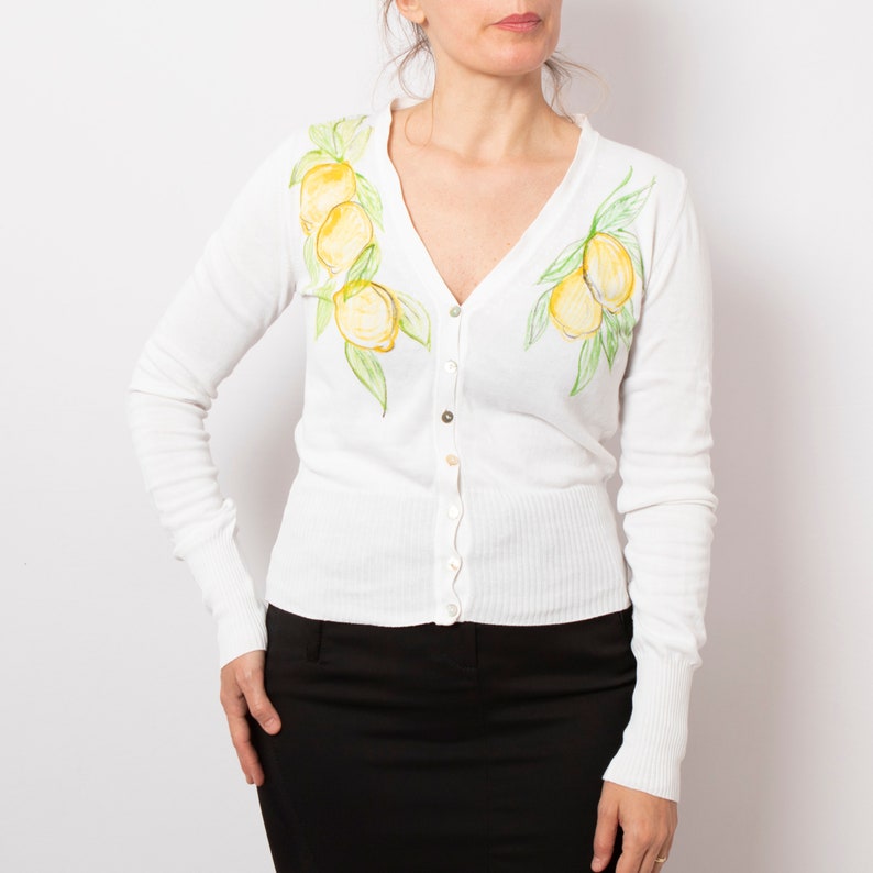 Lemon Print Italy Inspired Summer Cotton Cardigan Hand Painted Cardigan Upcycled Cardigan White Cotton Cardigan Sweater Will fit S Size image 8