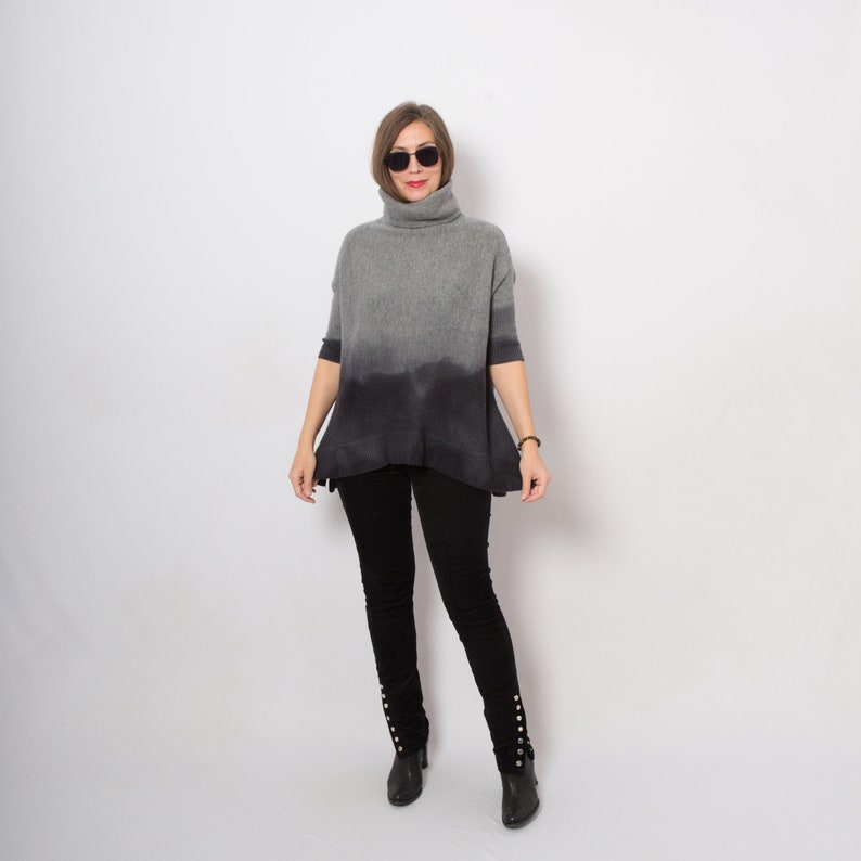 Grey Wool Sweater Short Sleeve Wool Sweater Hand Dyed Ombre Sweater Upcycled Sweater Dark Grey Sweater Turtleneck Wool Jumper Will fit S M image 1
