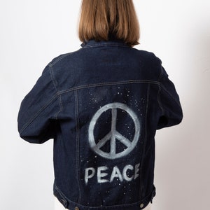 Peace Hand Painted Denim Jacket Dark Denim Jacket Ukraine No War Unisex Peace Symbol Galaxy Print Dark Jean Jacket Will fit M L XL Sizes image 9