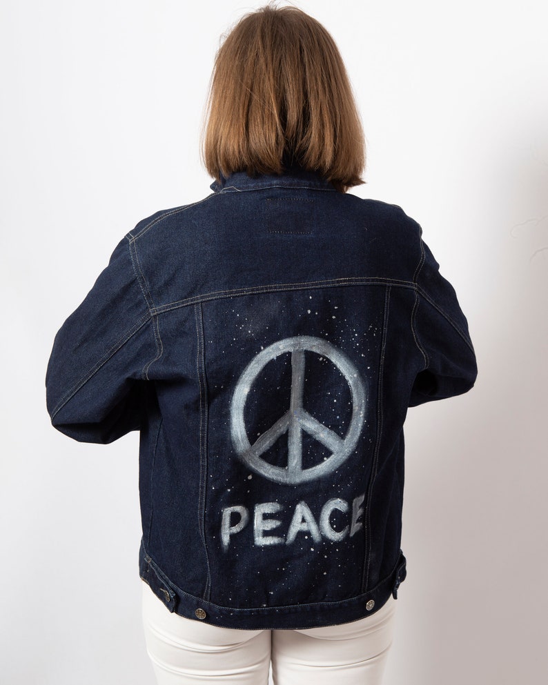 Peace Hand Painted Denim Jacket Dark Denim Jacket Ukraine No War Unisex Peace Symbol Galaxy Print Dark Jean Jacket Will fit M L XL Sizes image 9