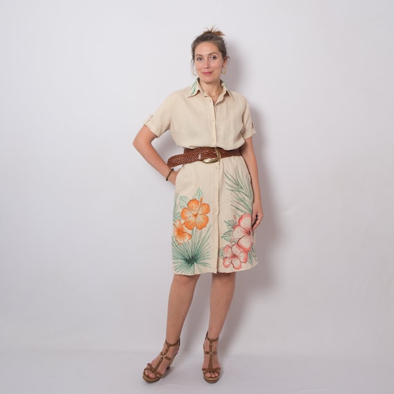 Hibiscus Linen Shirt Dress Summer Linen Dress Upcy