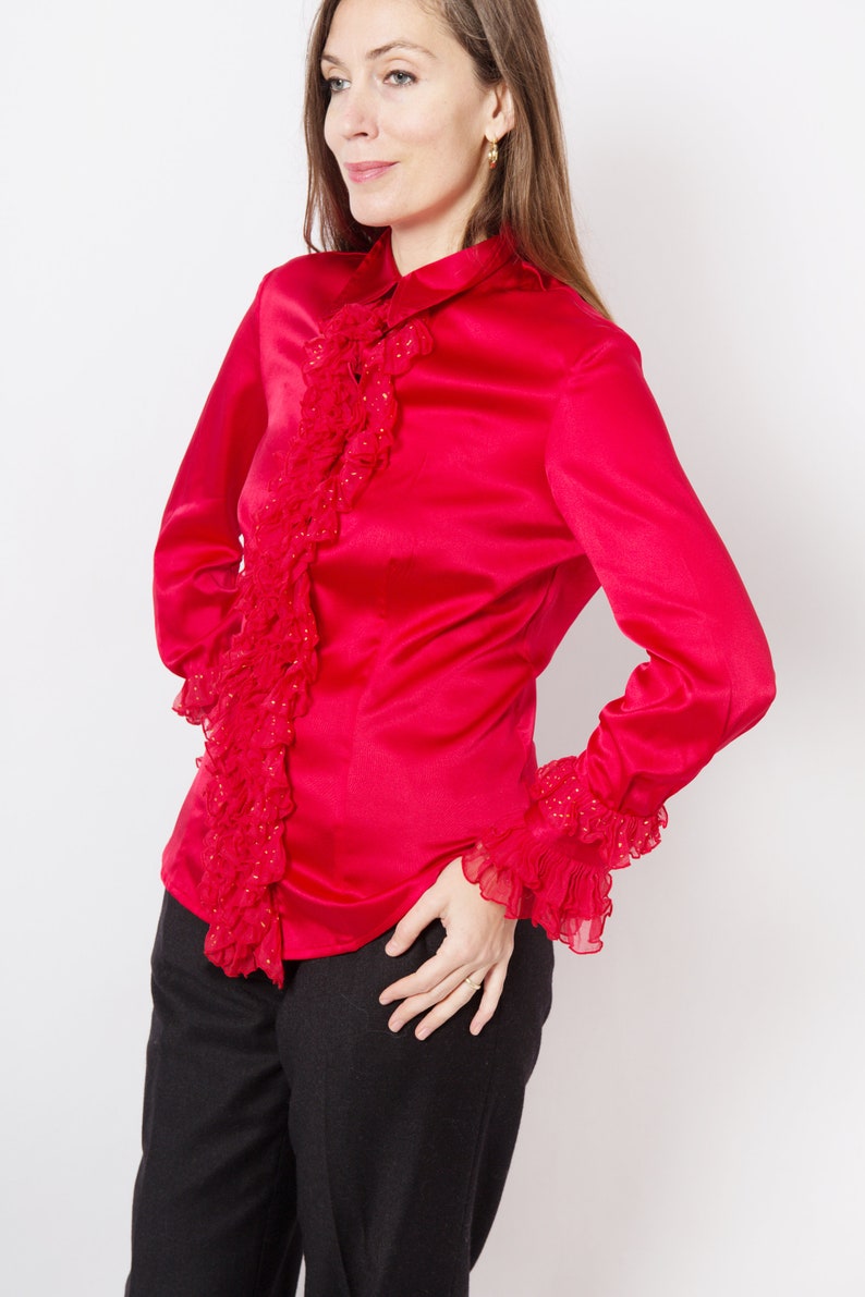 Red Silk Ruffle Blouse Silk Blouse Satin Blouse Long Sleeve Polka Dot Upcycled Blouse Hand Painted Blouse Silk Shirt Will fit S M Sizes image 4
