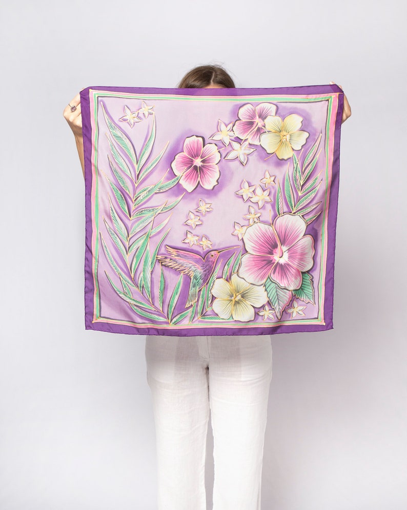 Hummingbird Silk Head Scarf Hand Painted Silk Scarf Hibiscus Colibri Purple Lilac Scarf Bird Scarf Summer Hawaii Print Tropical 24X24 image 2