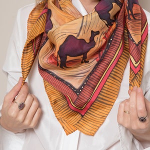 Camel Print Hand Painted Silk Scarf Camel Scarf Square Silk Scarf Desert Print Foulard Femme Red Orange Morocco Egypt Arab Emirates 37X37 image 6