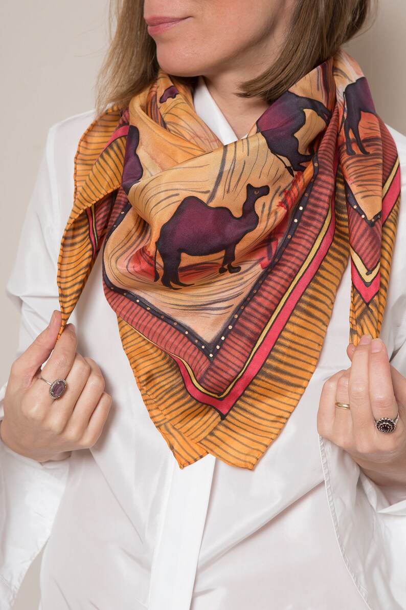 Camel Print Hand Painted Silk Scarf Camel Scarf Square Silk Scarf Desert Print Foulard Femme Red Orange Morocco Egypt Arab Emirates 37X37 image 6