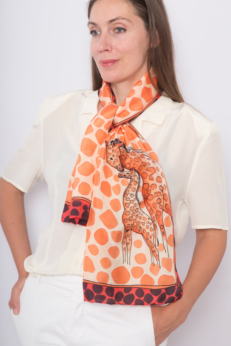 Giraffe Hand Painted Silk Scarf Red Beige Africa Giraffe Print Foulard Animal Print Scarf Travel Scarf Summer Scarf Women Gift for Her 52X14 image 3