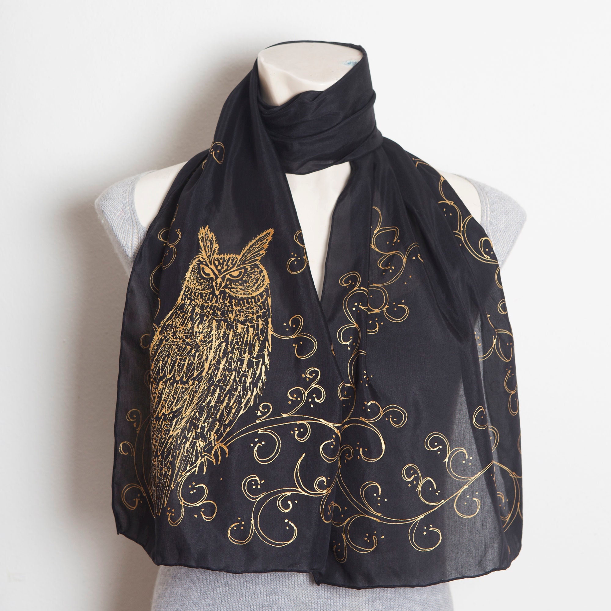 Great Horned Owl Hand Painted Black Silk Scarf Bird Gift Owl Christmas Gift 53X12