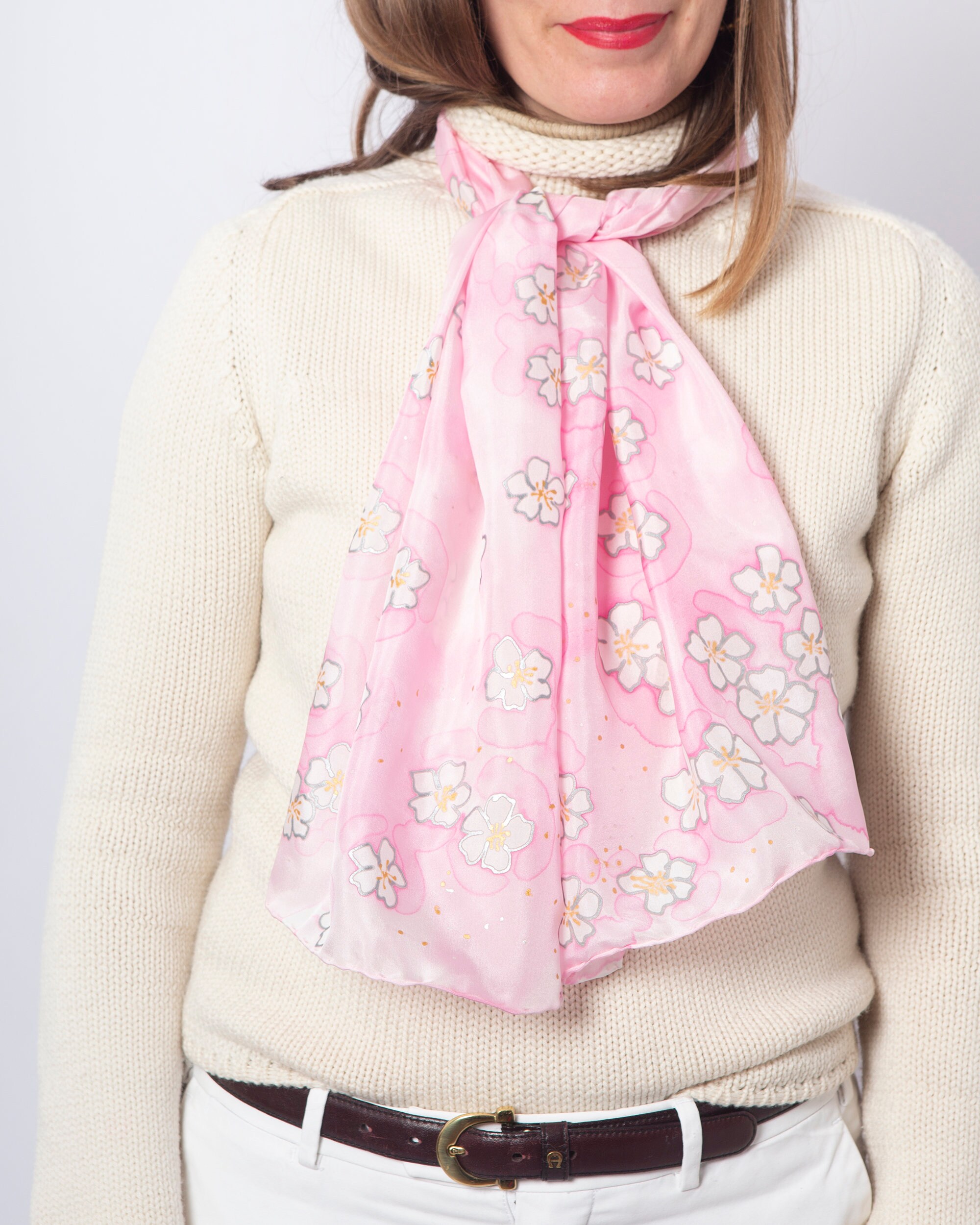 Sakura Hand Painted Pink Silk Scarf Cherry Blossom Print Scarf Mom Gift ...