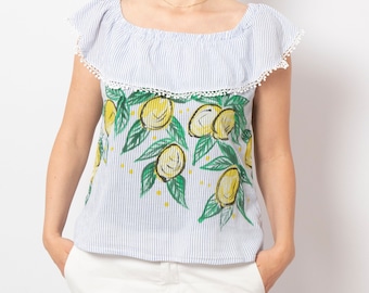 Lemon Print Blouse Striped Off Shoulder Top Hand Painted Top Upcycled Blouse White Blue Sleeveless Summer Top Italy Sorrento Size M