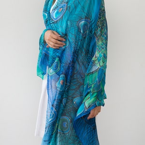 Peacock Scarf Hand Painted Silk Scarf Peacock Wing Scarf Chiffon Scarf Large Scarf Sarong Peacock Wedding Silk Shawl Pure Silk Scarf 70X35 image 5