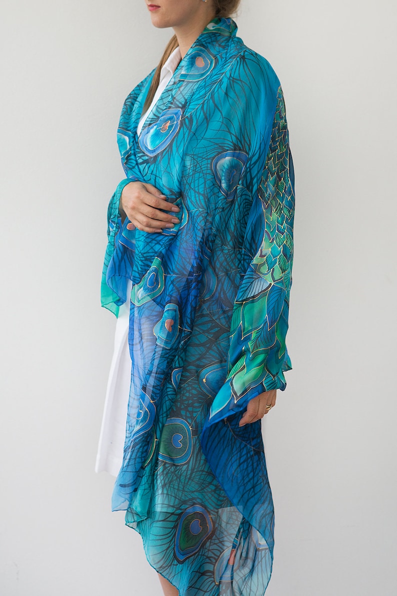 Peacock Scarf Hand Painted Silk Scarf Peacock Wing Scarf Chiffon Scarf Large Scarf Sarong Peacock Wedding Silk Shawl Pure Silk Scarf 70X35 image 5