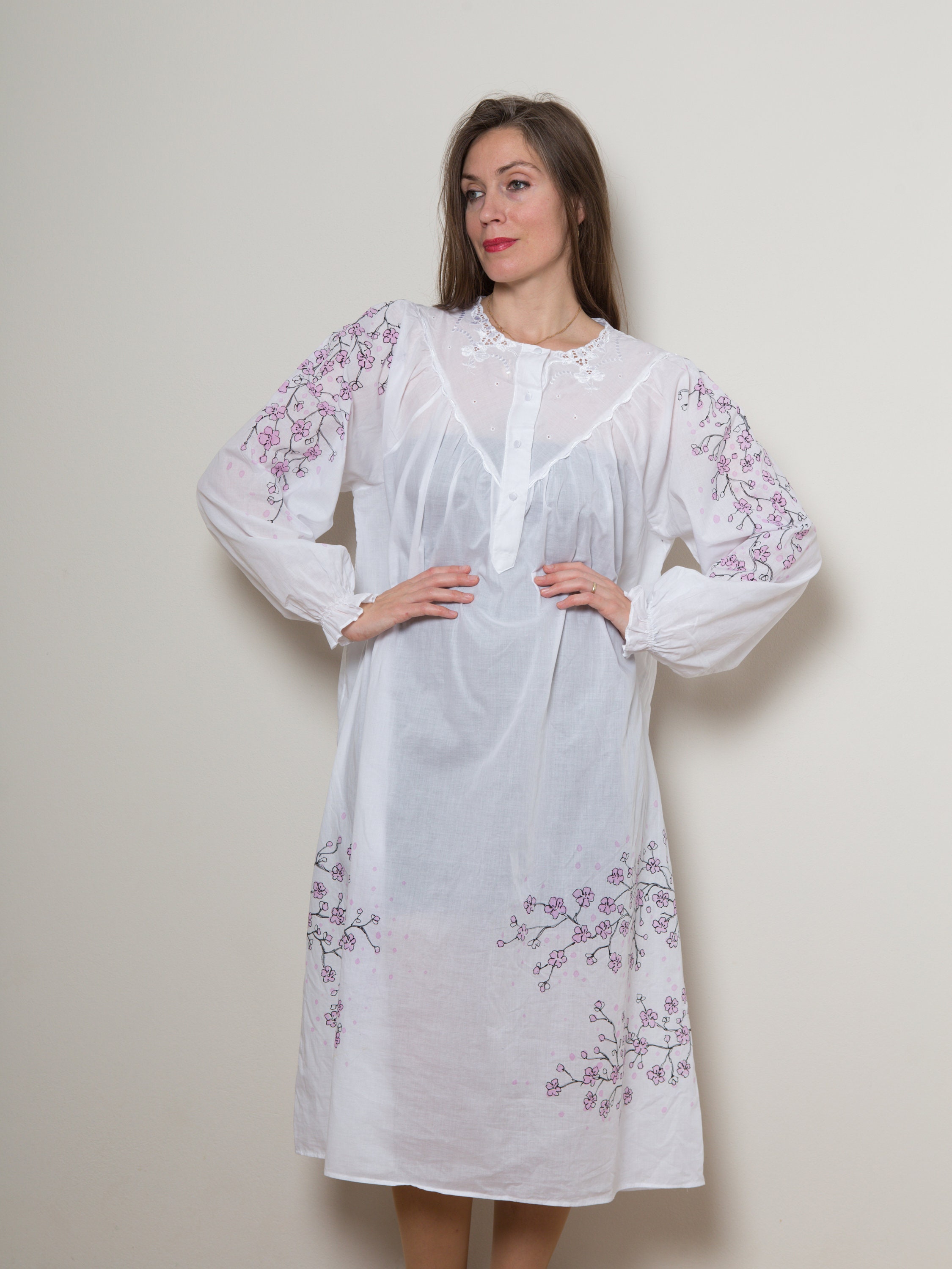 Sakura Nightgown White Cotton Nightdress Upcycled Hand Painted | Etsy