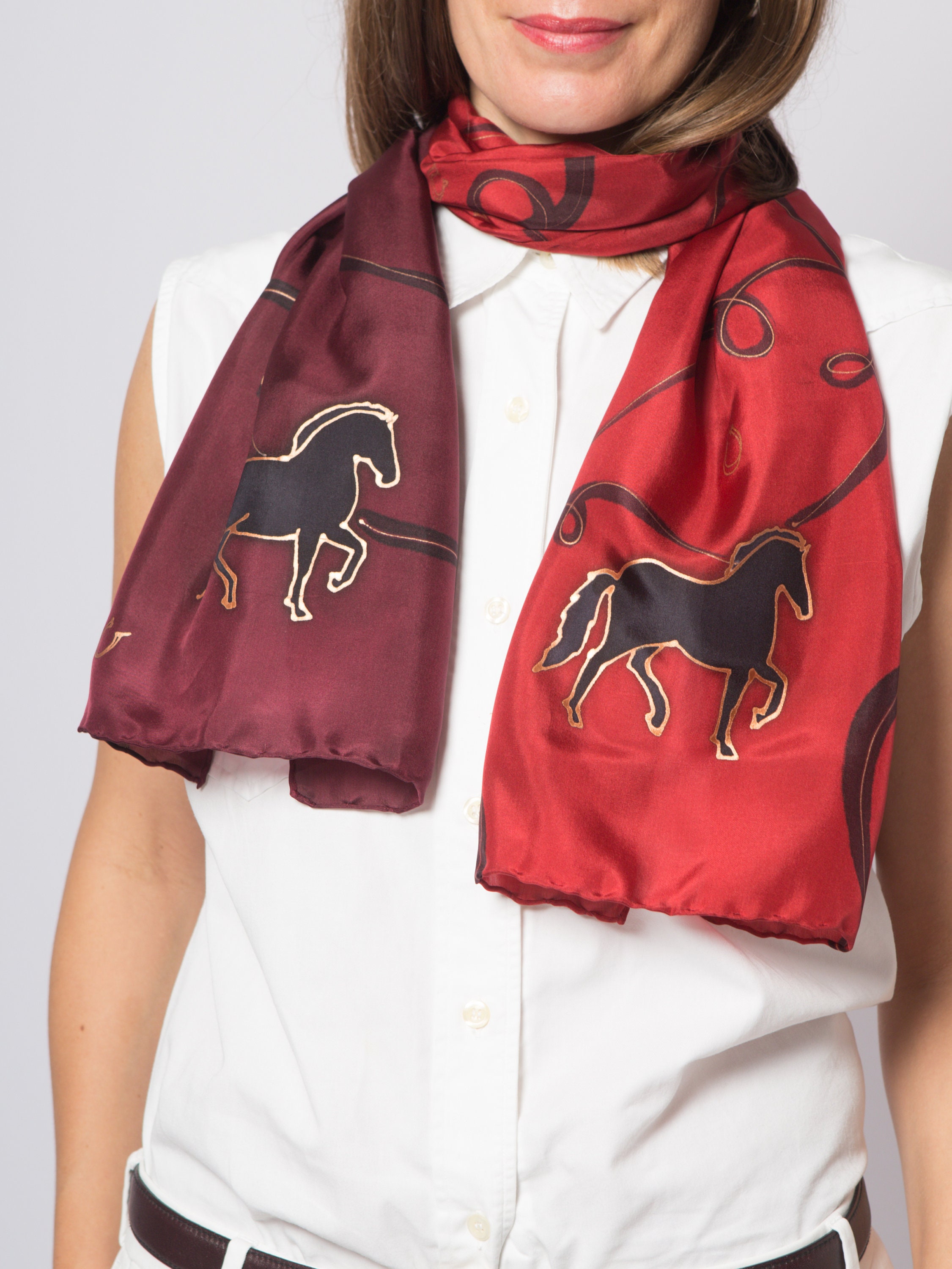 2026 Fire Horse Year Hand Painted Red Silk Scarf Horse Lover Gift