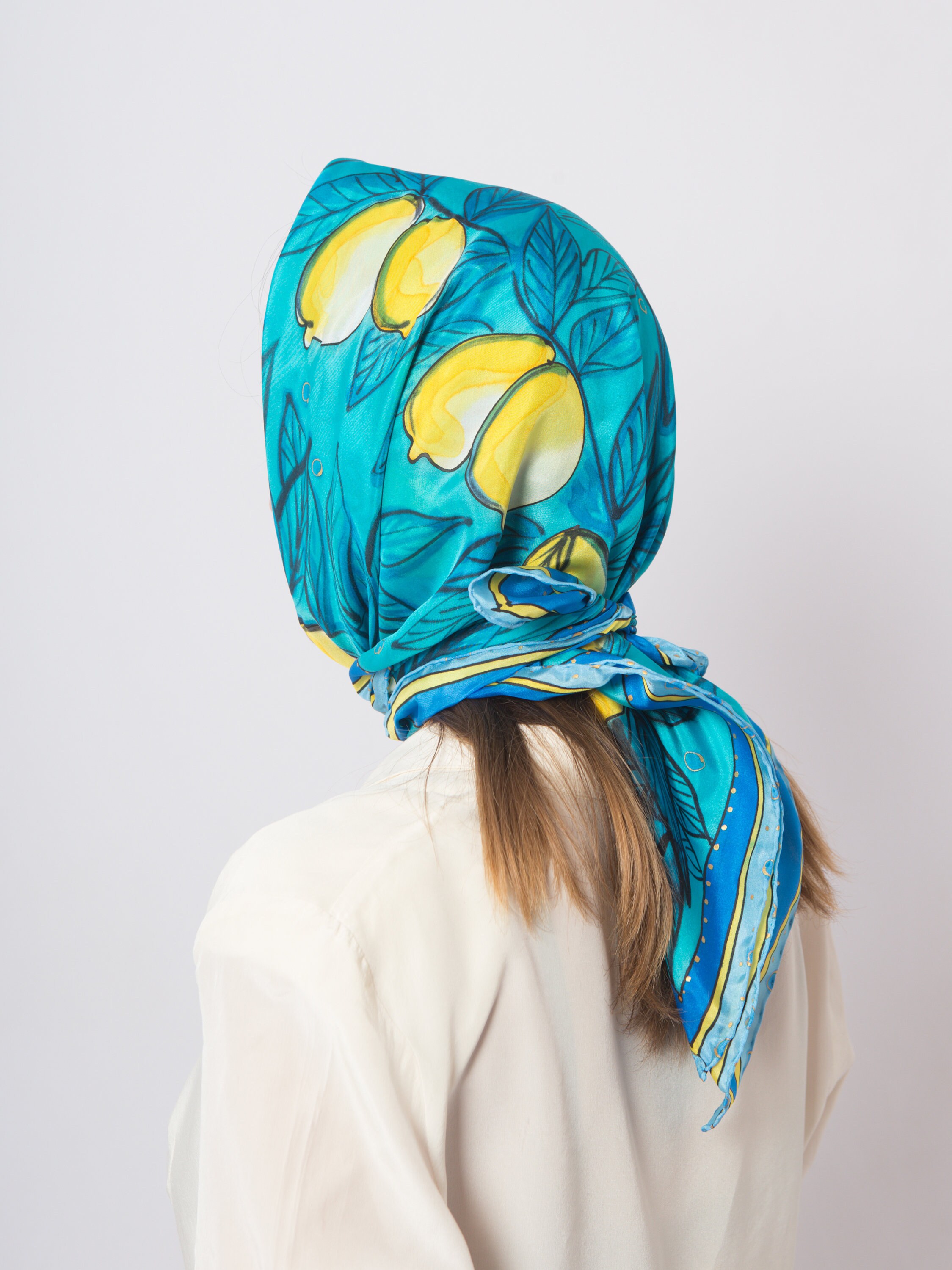 Amalfi Print Hand Painted Blue Lemon Silk Square Scarf Foulard