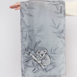 Koala Hand Painted Silk Scarf Koala Bear Australia Koala Print Grey Silk Scarf Mom Gift Pure Silk Scarf Save Koalas Koala Gifts 53X14 image 3