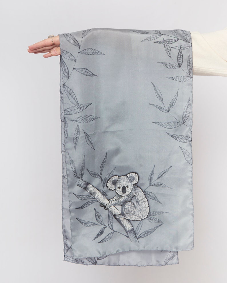 Koala Hand Painted Silk Scarf Koala Bear Australia Koala Print Grey Silk Scarf Mom Gift Pure Silk Scarf Save Koalas Koala Gifts 53X14 image 3