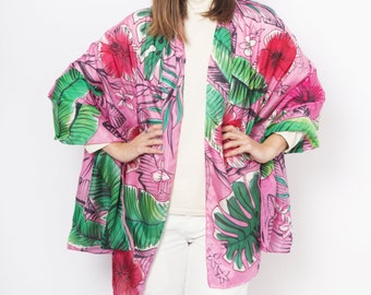 Tropical Hand Painted Pink Silk Scarf Flower Anthurium Banana Leaf Sarong Silk Shawl Mom Gift 79X34
