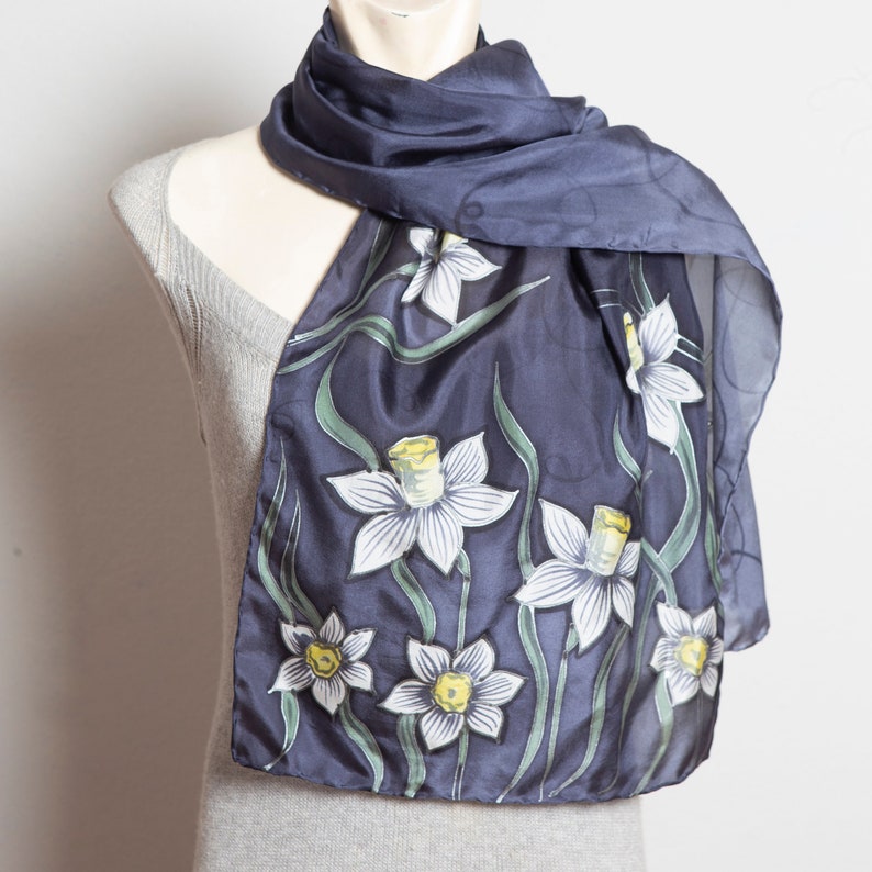 Daffodil Hand Painted Grey Ombre Floral Silk Spring Scarf Mom Gift 53X14 image 1