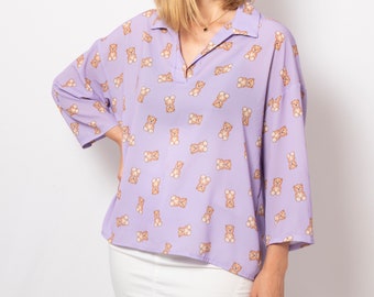Vintage Teddy Bear Print Funny Loose Top Long Sleeve Polyester Blouse Purple Long Sleeve Summer Top Size L Made in Italy