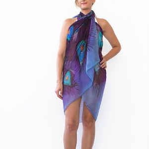 Peacock Print Hand Painted Silk Scarf Peacock Scarf Bird Scarf Silk Sarong Batik Sarong Honeymoon Gifts Peacock Gifts Birthday Gift 71X35