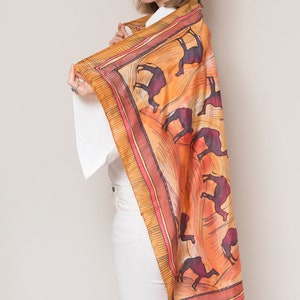 Camel Print Hand Painted Silk Scarf Camel Scarf Square Silk Scarf Desert Print Foulard Femme Red Orange Morocco Egypt Arab Emirates 37X37 image 3