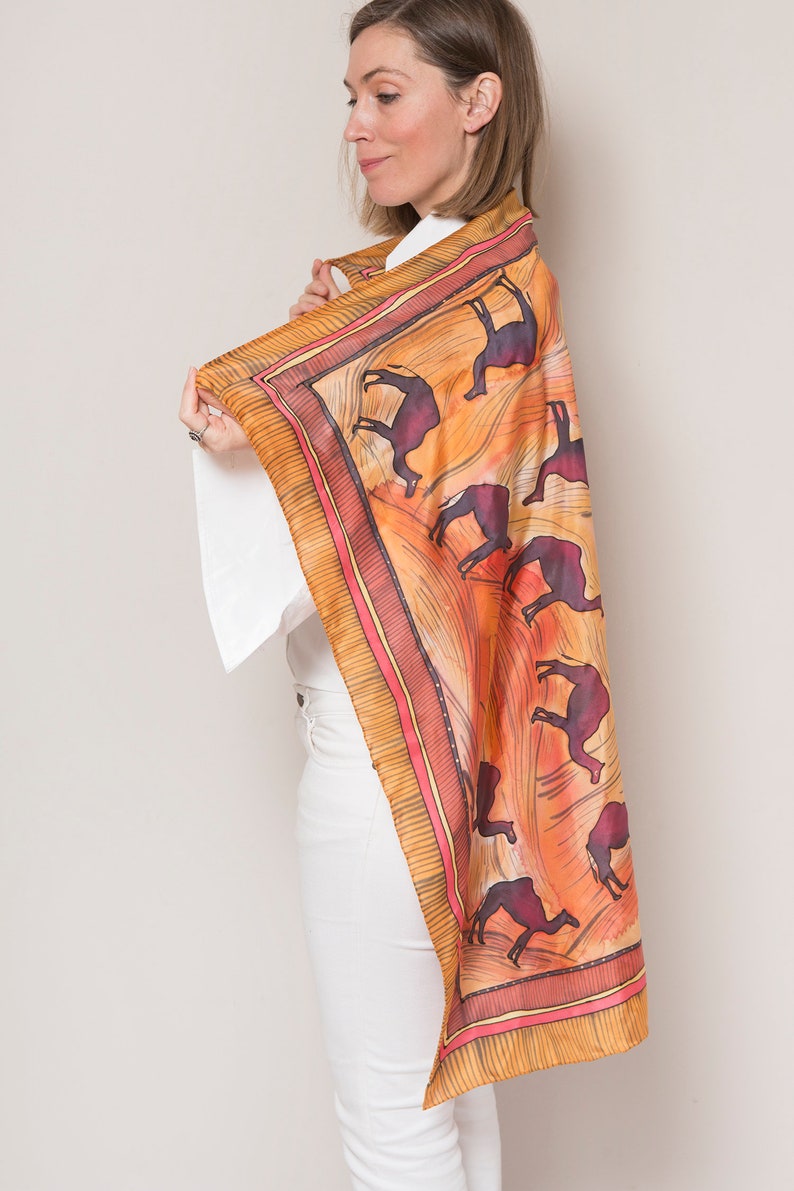 Camel Print Hand Painted Silk Scarf Camel Scarf Square Silk Scarf Desert Print Foulard Femme Red Orange Morocco Egypt Arab Emirates 37X37 image 3