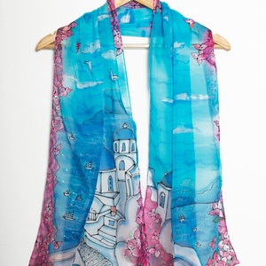 Santorini Hand Painted Silk Scarf Silk Chiffon Scarf Greece Santorini Print Travel Scarf Honeymoon Anniversary Gift Summer Scarf Gift 61X17 image 6