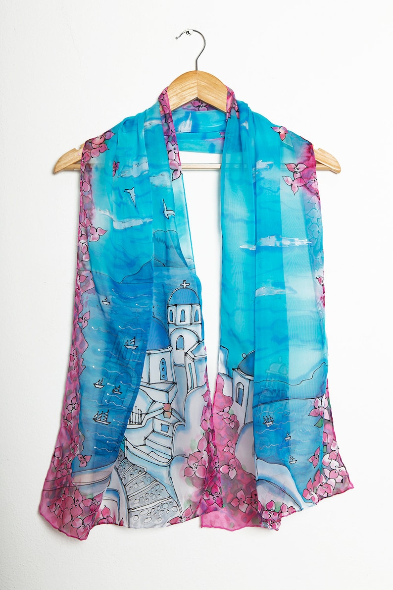 Santorini Hand Painted Silk Scarf Silk Chiffon Scarf Greece Santorini Print Travel Scarf Honeymoon Anniversary Gift Summer Scarf Gift 61X17 image 6