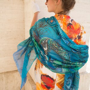 Peacock Scarf Hand Painted Silk Scarf Peacock Wing Scarf Chiffon Scarf Large Scarf Sarong Peacock Wedding Silk Shawl Pure Silk Scarf 70X35 image 9