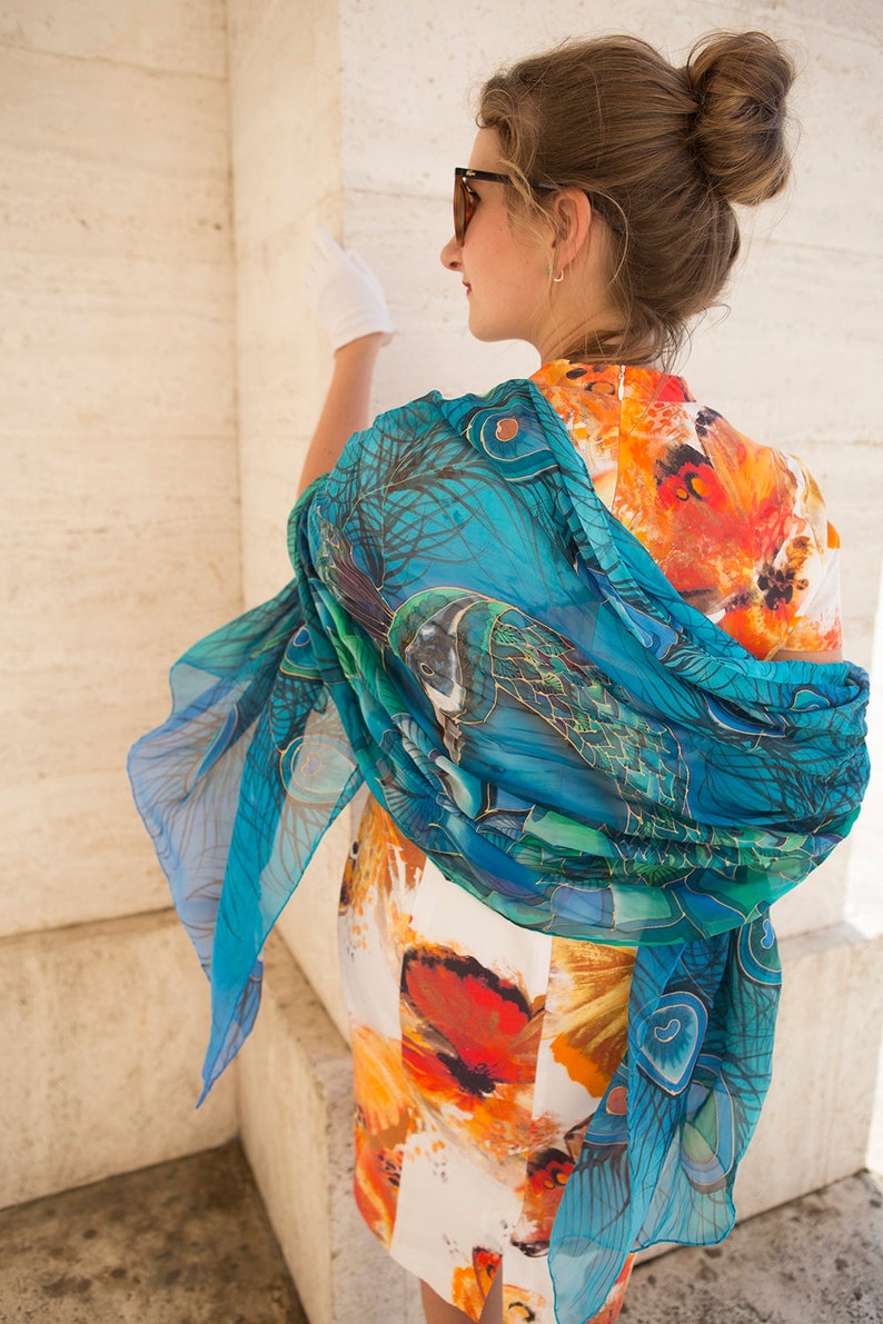 Peacock Scarf Hand Painted Silk Scarf Peacock Wing Scarf Chiffon Scarf Large Scarf Sarong Peacock Wedding Silk Shawl Pure Silk Scarf 70X35 image 9