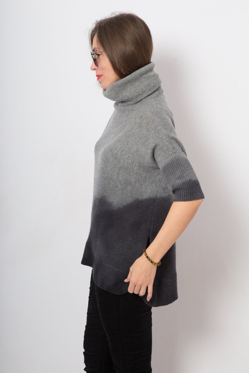 Grey Wool Sweater Short Sleeve Wool Sweater Hand Dyed Ombre Sweater Upcycled Sweater Dark Grey Sweater Turtleneck Wool Jumper Will fit S M image 6