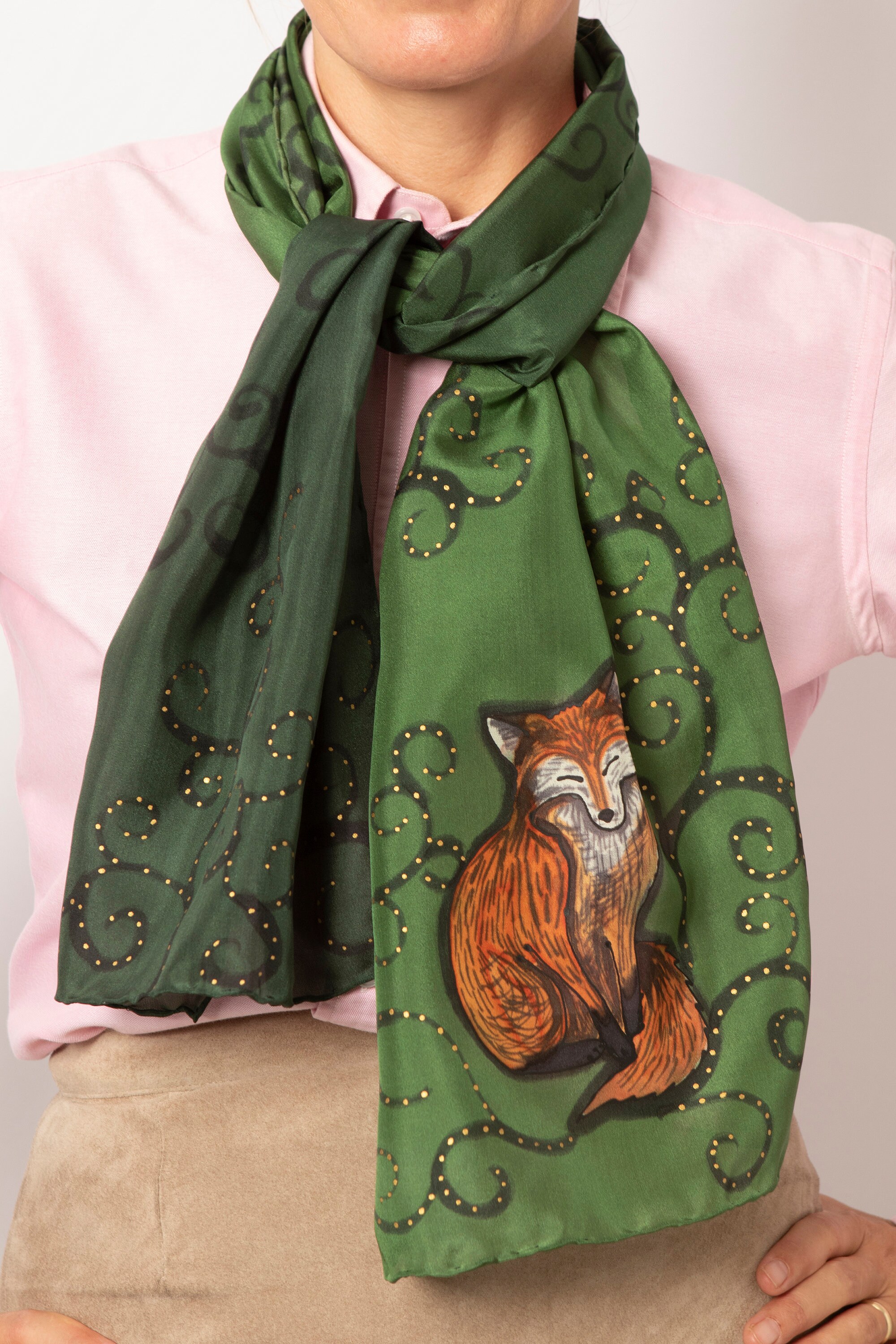 Fox Print Hand Painted Green Silk Scarf Fox Gift 52X13 - Etsy
