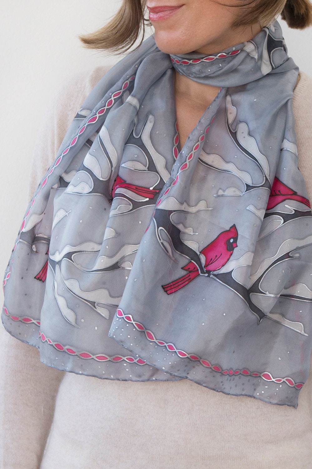 Cardinal Bird Hand Painted Grey Silk Scarf Christmas Gift 51X13 - Etsy