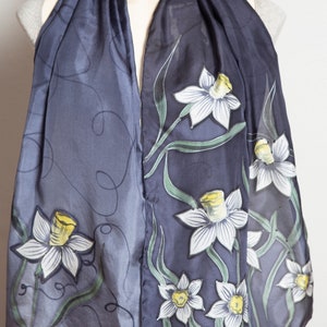Daffodil Hand Painted Grey Ombre Floral Silk Spring Scarf Mom Gift 53X14 image 6