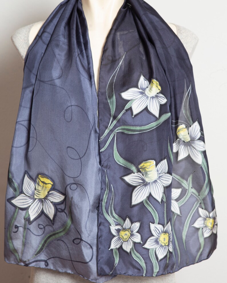 Daffodil Hand Painted Grey Ombre Floral Silk Spring Scarf Mom Gift 53X14 image 6