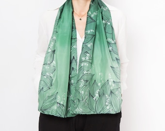 Lily of The Valley Hand Painted Green Silk Scarf Floral Scarf Mom Christmas Gift 53X14