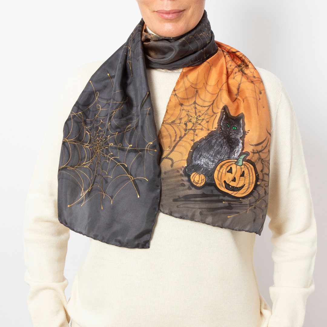Black Cat Halloween Scarf Hand Painted Silk Scarf Halloween Print